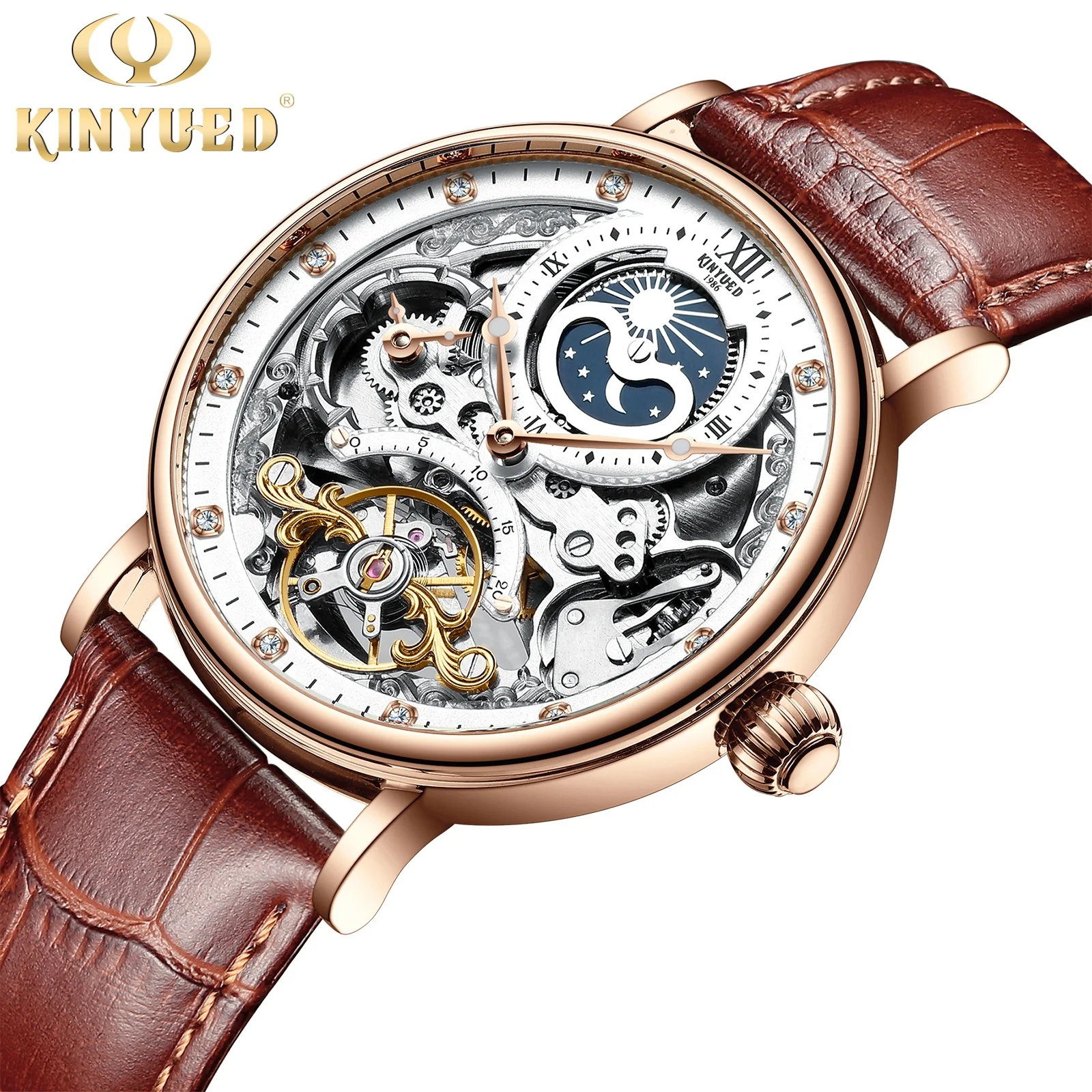 

KINYUED new design luxury mens watches automatic mechanical wristwatches custom logo second time zone