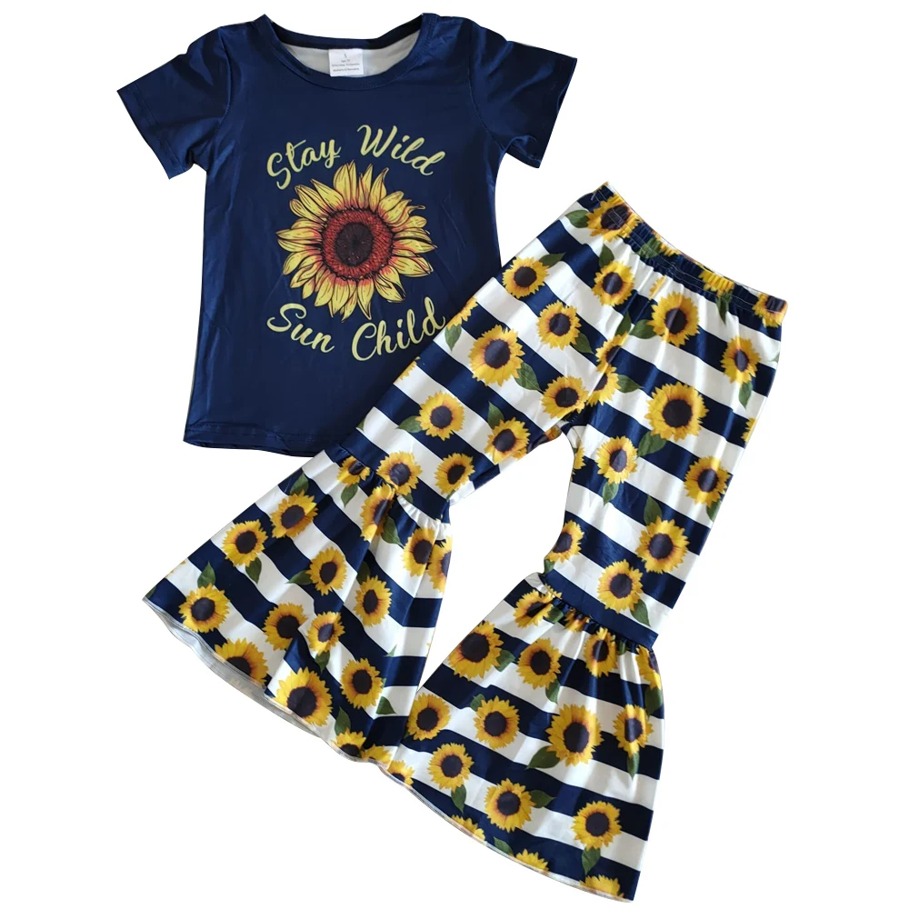 

Infant toddle girls sunflower print short sleeve top flare pants outfits kids summer fall casual wear no moq rts clothing set, Same as picture