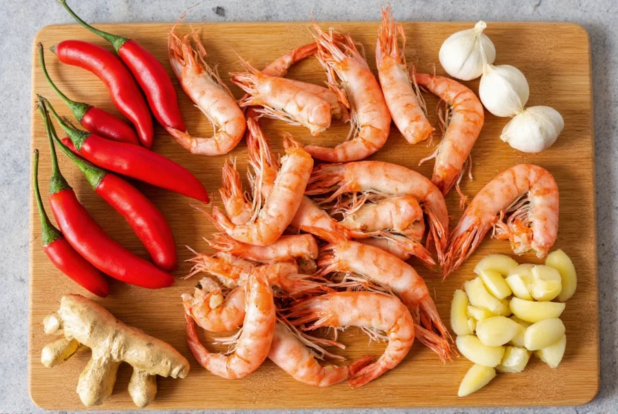 Fresh shrimp with red chili peppers, garlic, and ginger arranged on wooden cutting board for chili shrimp recipe
