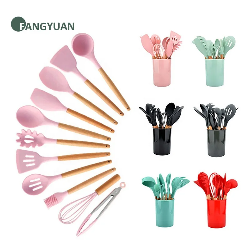 

Hot selling cheap food grade non-stick 12pcs kitchen appliances wooden handle kitchenware silicone kitchen utensils set