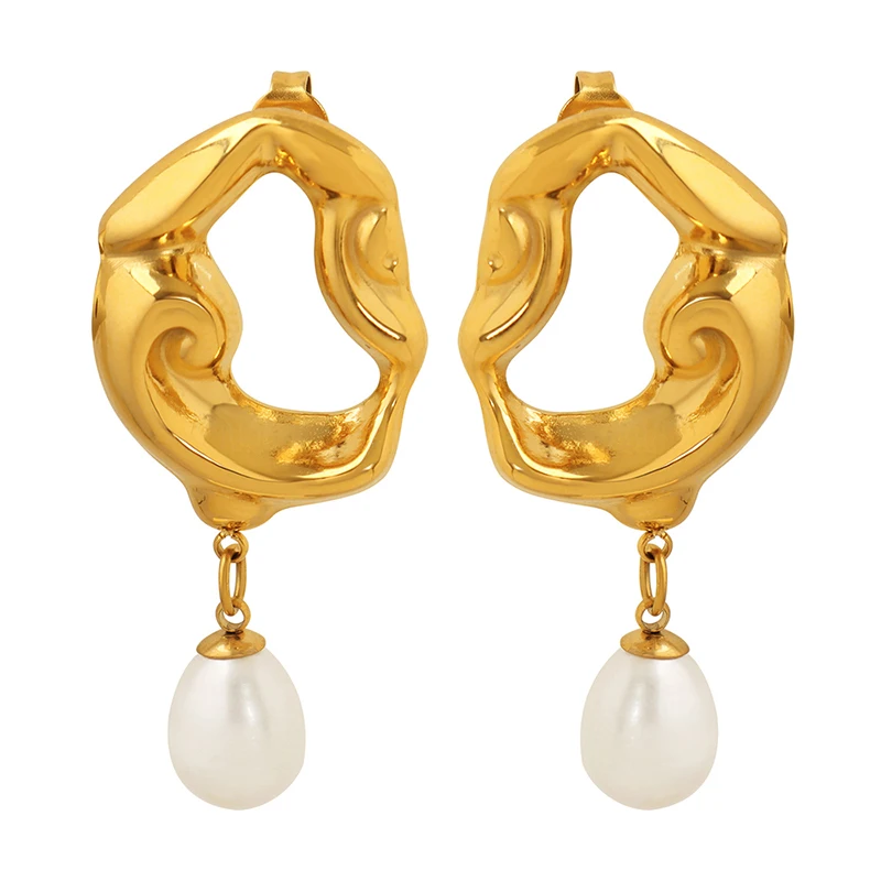 

French vintage luxury earrings plated with 18K gold lava freshwater pearl pendant earrings