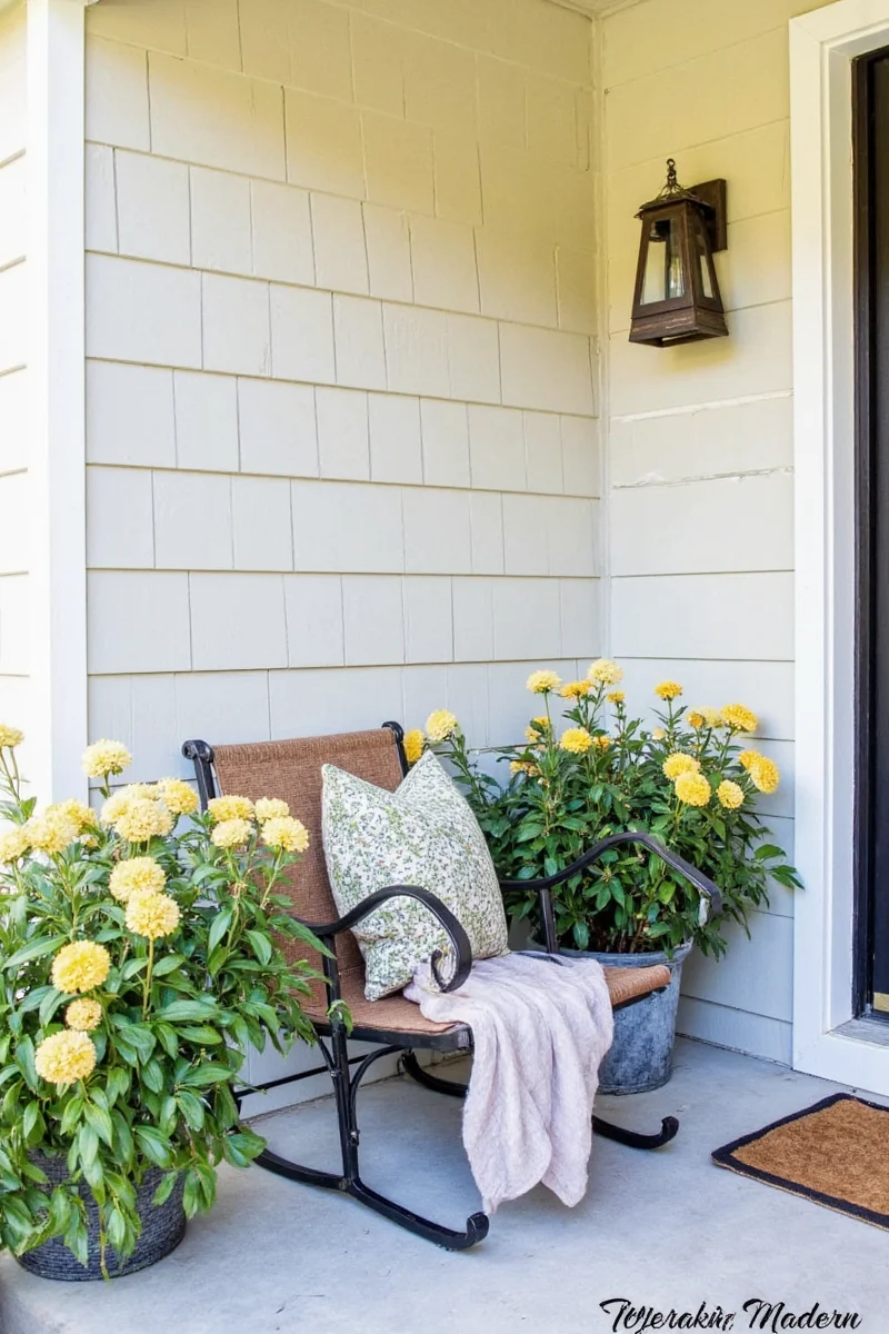Comfortable porch chairs with colorful cushions