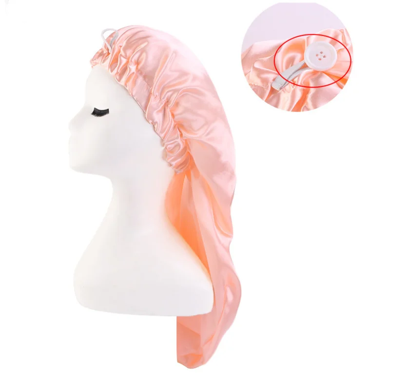 

Custom Logo Long Satin Bonnet Sleep Cap for Curly Braids Dreadlocks Single Layers With Soft Elastic Band With Button For Women