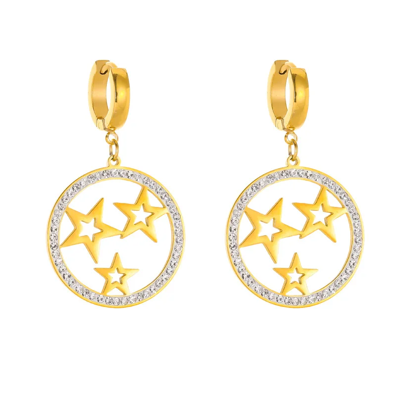 

Punk Hip Hops Real Gold Plated Stainless Steel Star Drop Earrings Bling CZ Cubic Zirconia Round Coin Star Drop Earring For Party