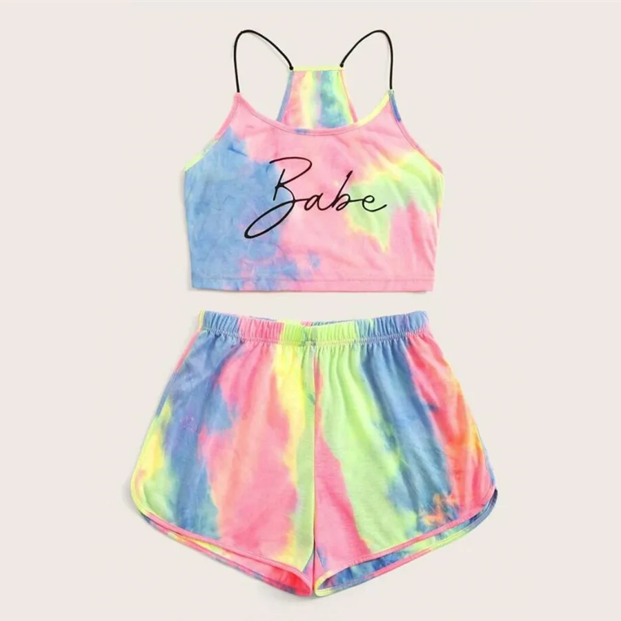 

Trendy Fashion Short Sets For Women Tie Dye Letter Print Halter Top Track Shorts Pattern Two Piece Short Set, As picture