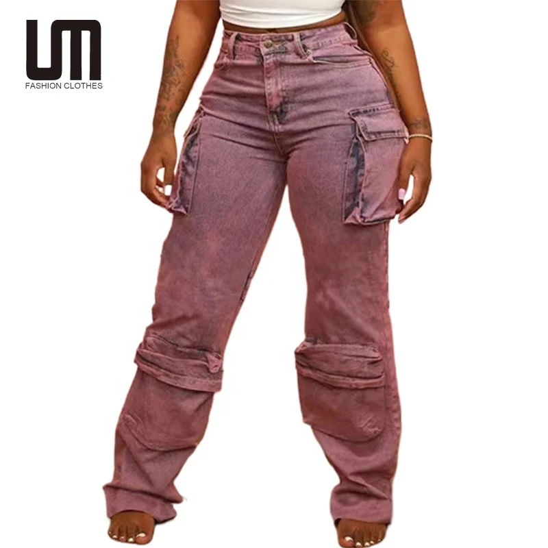 

Liu Ming Fashion Streetwear Women Casual Pocket Slim Straight Leg Cargo Pants Jeans Trousers