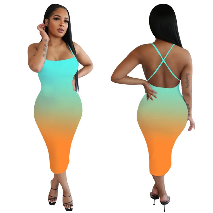 

Fashion Pencil Dress Boutique Casual Gradient Backless Sexy Summer Skinny Women Midi Strap Dresses