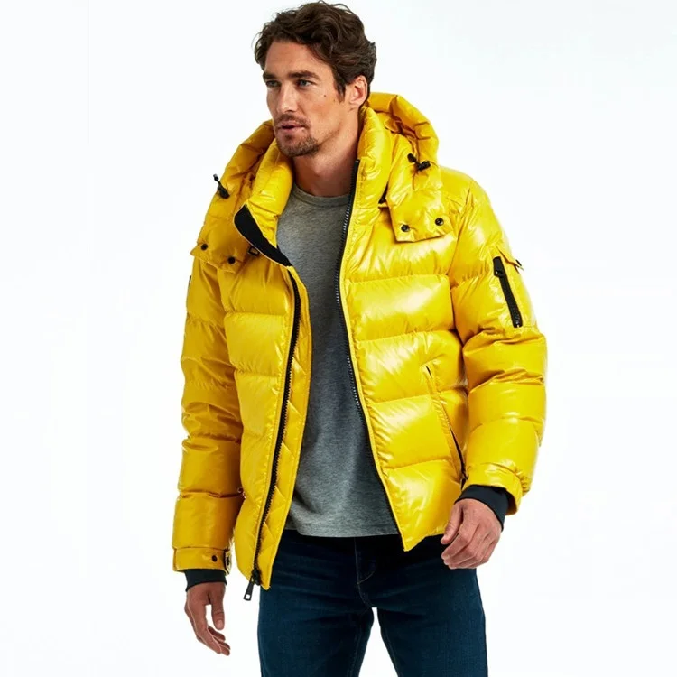 

Wholesale Patent Leather Men's Winter Bubble Down Jacket Thickening Luxury Sports High Shiny Puffer Jacket Men With Hood