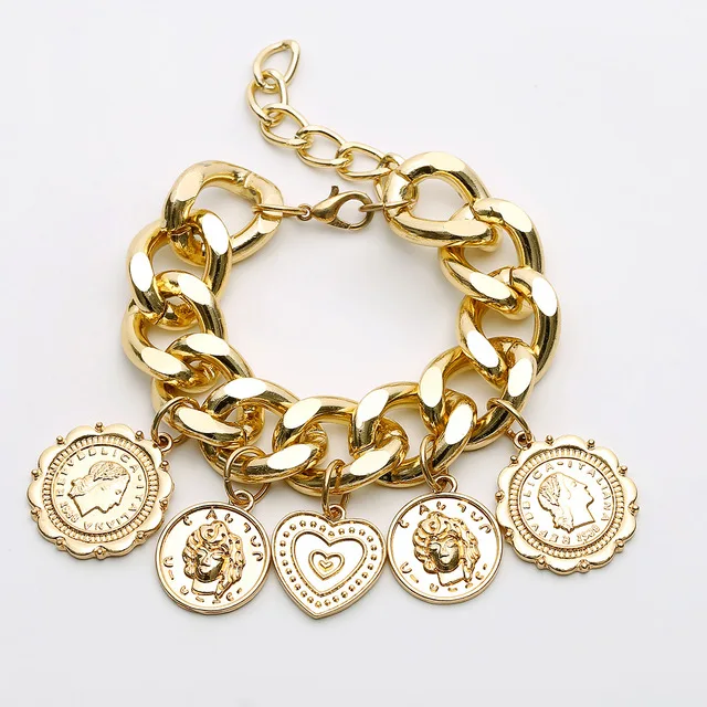 

VRIUA RTS Love Heart Round Metal Lots Coin Pendant Punk Bracelet Women Thick Chain Hand Charm Fashion Golden Sliver Jewelry