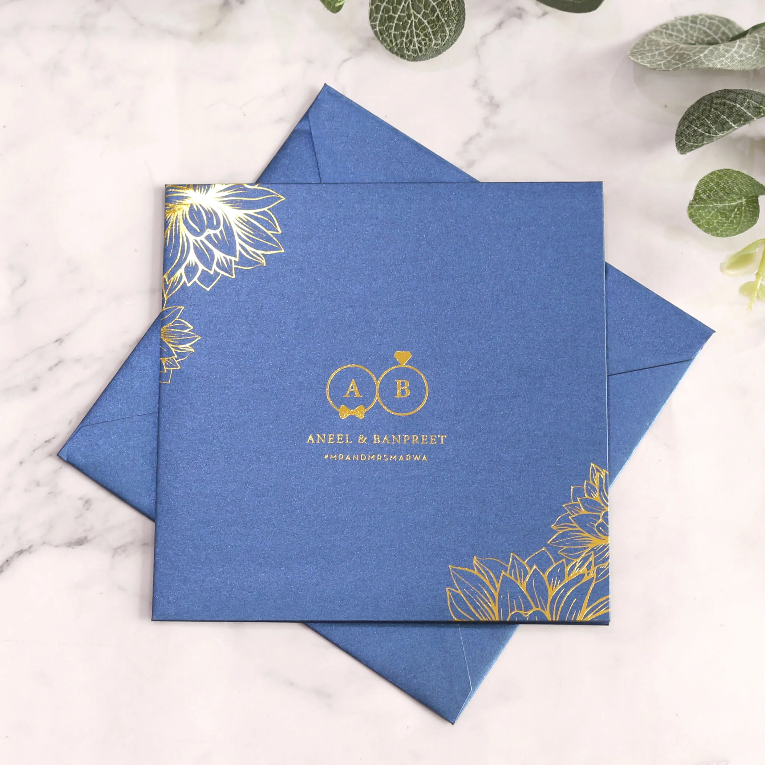 

Navy Blue Square Wedding Card Gold Foil Custom Logo Book Style Wedding Invitations Folded Cards