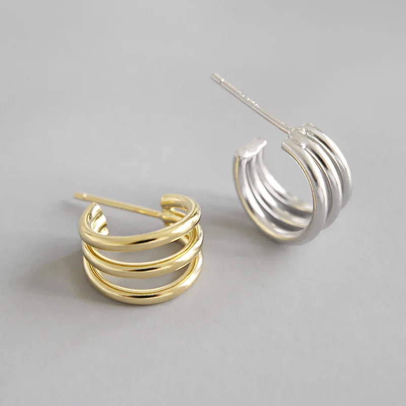 

925 Sterling Silver multilayer circle design 18K gold plated stud plain silver earrings