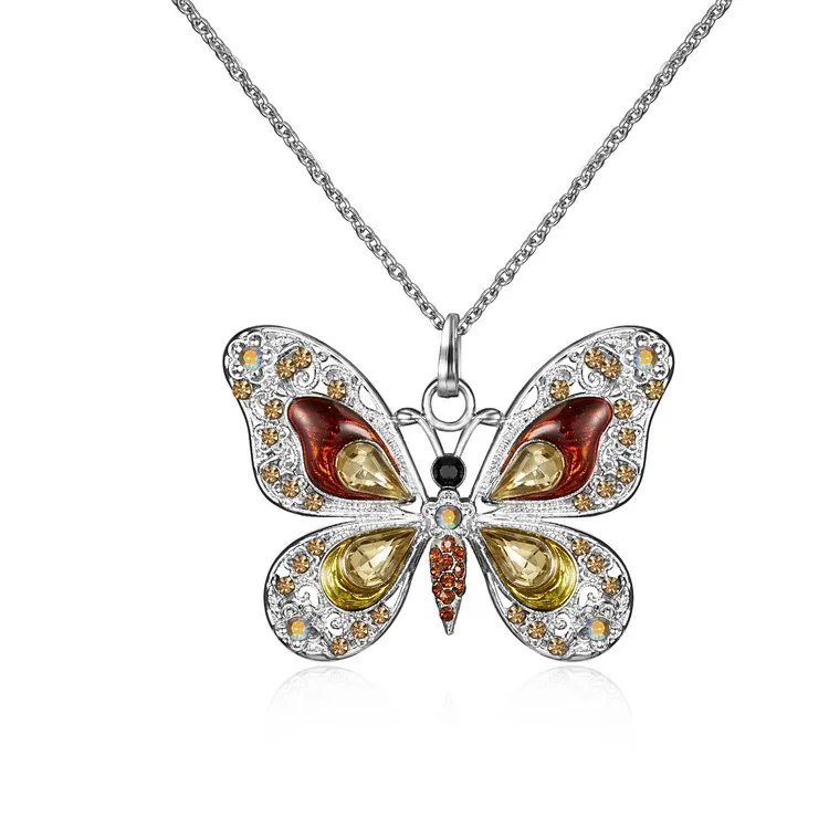 

Europe & America Retro Multicolor Butterfly Necklace Fashion White K with Diamond Necklace Factory Direct Animal Pendant