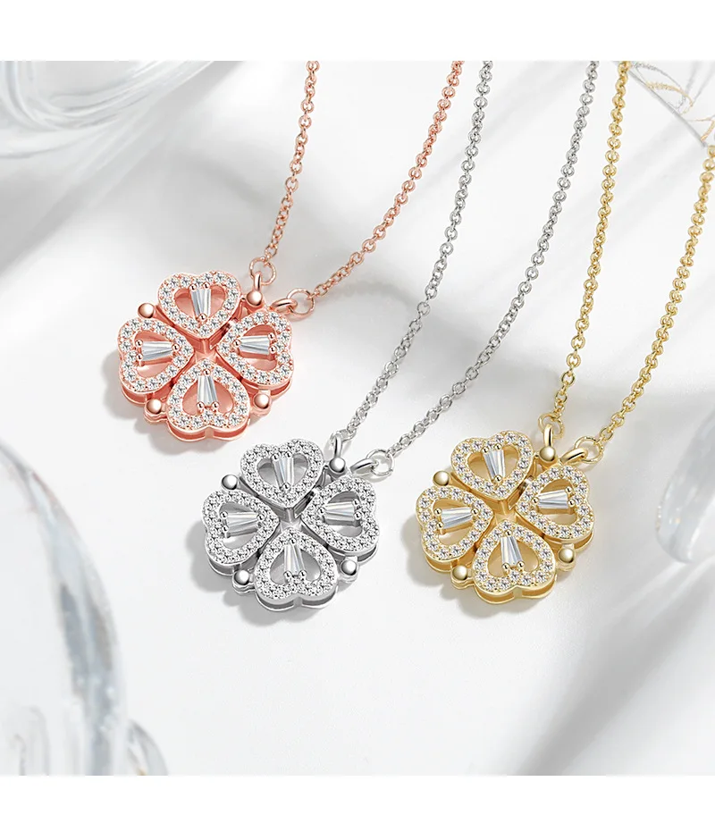 Removable Rotating Women Inlaid Zircon Beautiful Necklace Magnetic Heart Shaped Four Leaf Clover Pendant Necklace Jewelry