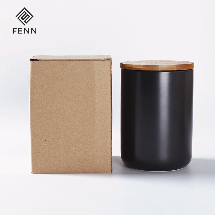 

New products 800ml matte black wood lid ceramic storage canister sets for the kitchen storage