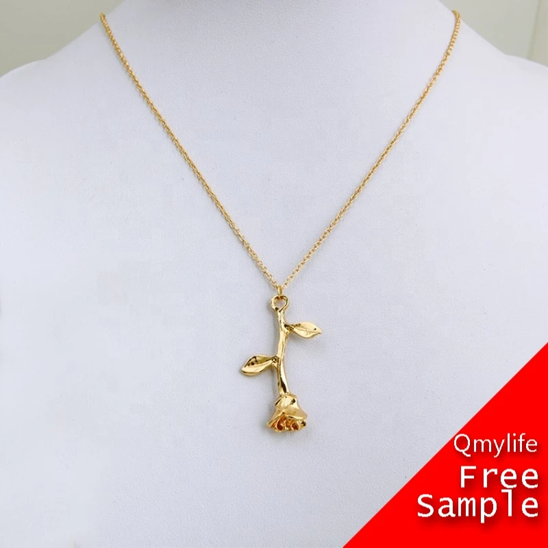 Qmylife Rose Pendant rose Flower Plant Chain Jewelry women gold sterling silver plated necklace