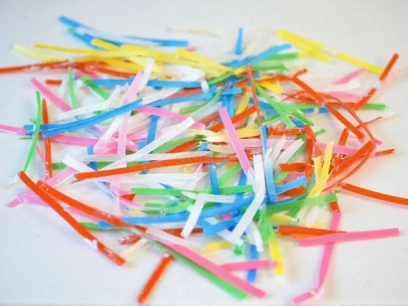 Recycled plastic strips prepared for big bear crafting