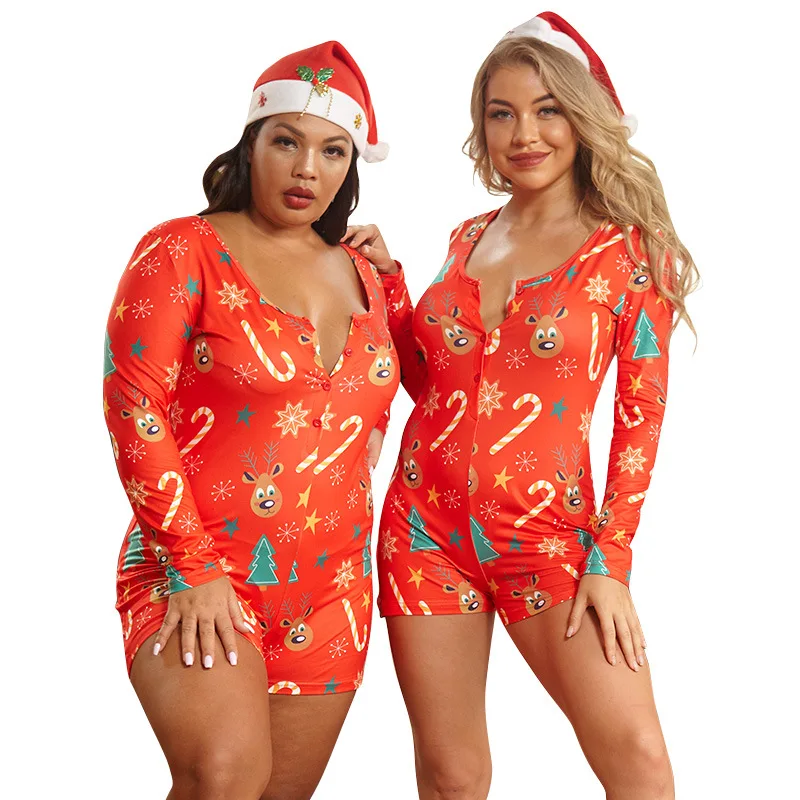 

Plus size women's Christmas sexy stretch knitted print jumpsuit