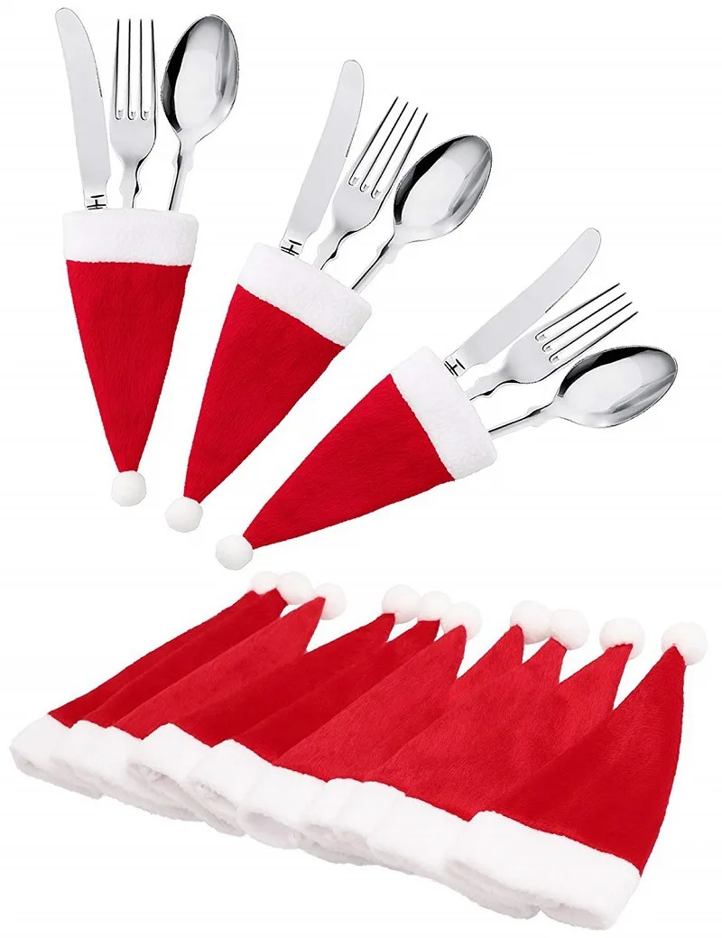 

2023 Mini Cotton Christmas Hat Tableware Knife Fork Bags Cover Felt Tableware Christmas New Year Party Dinner Table Decoration