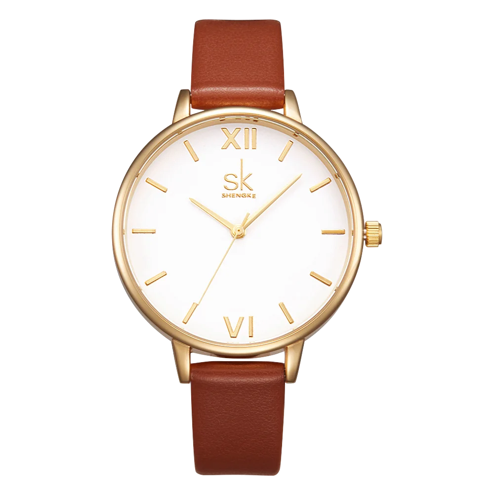 

SHENGKE Simple Style Wristwatch Leather Strap Watch Waterproof 30 Meters Golden Gold Watches K0056L