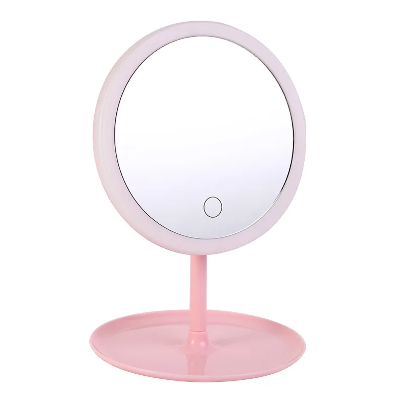 

RTS New LED Mirror Portable Beauty Make Up Mirror Rechargeable Desktop Big Battery Desktop Round Mirror, Pink,white