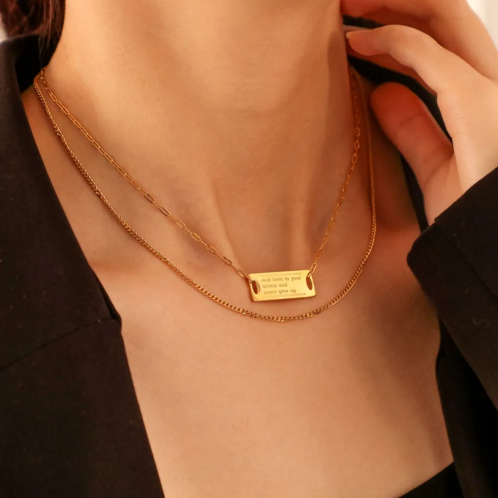 

Special Design Rectangular Nameplate Encourage Pendant Charm with Chain Necklaces For Women, Gold