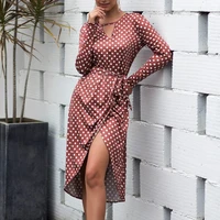 

2019 Autumn Long Sleeve Ladies V-Neck Slit Irregular Skirt Women Dresses with belt