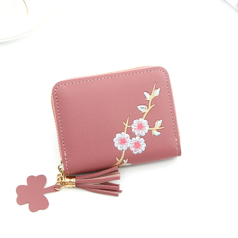 Wholesale Luxury embroidered Pink purse flower lady purse short PU wallet  women From m.