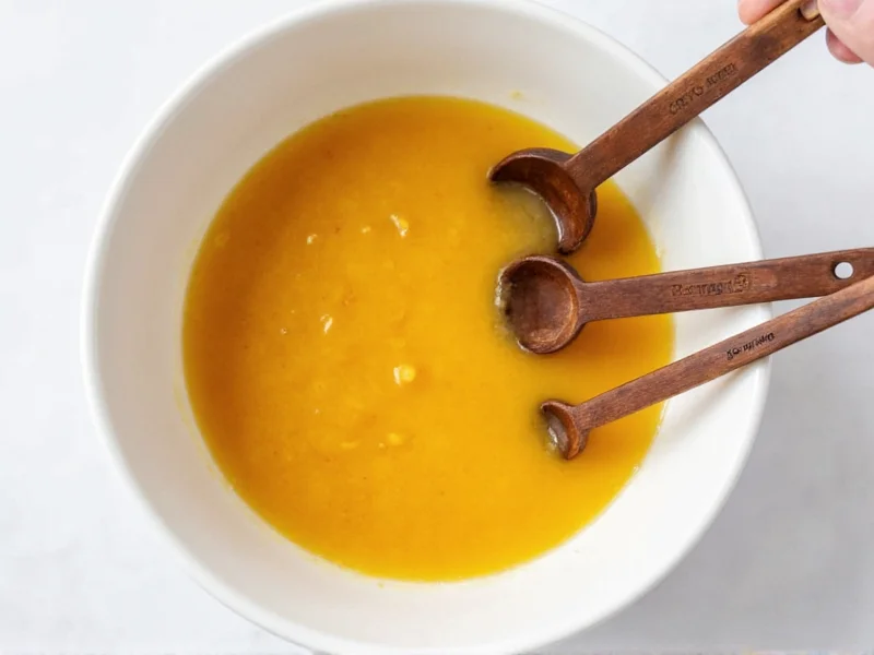Peach filling mixture in ceramic bowl with measuring spoons