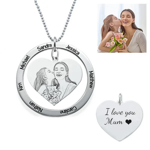 

Engraved Photo Necklace 925 sterling silver Custom name heart charm Necklace Personalized Portrait Necklace for women Girls Gift