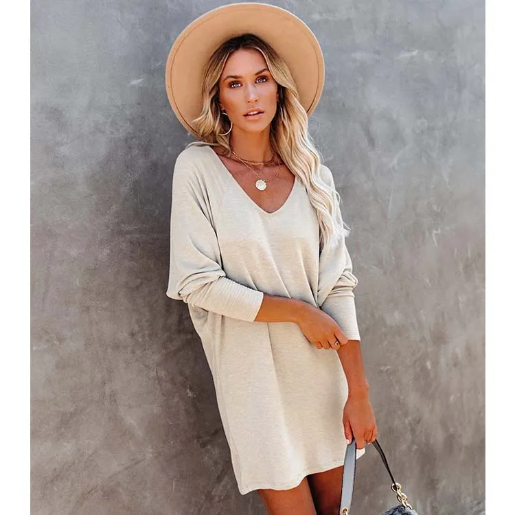 

2021 Fashion Women Long Sweatshirt Mini Dress Long Sleeve Loose Pullover Casual Round Neck Dress