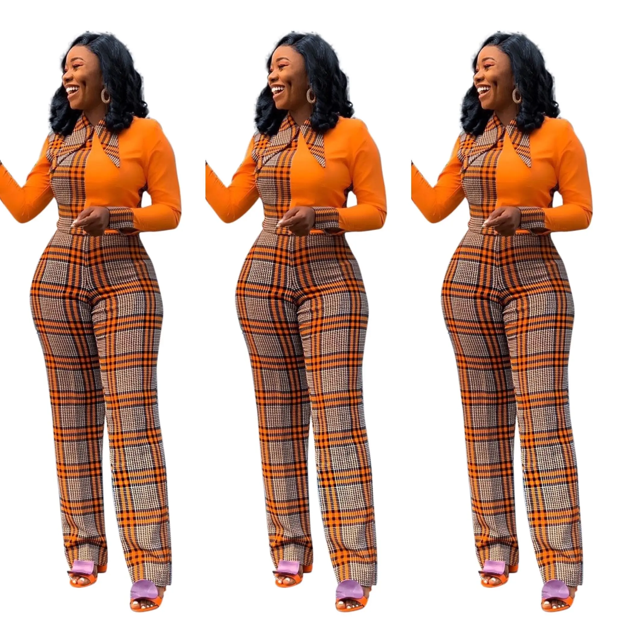 

fall 2021 new arrivals autumn hot stylish plaid mother suit casual lady fat women set romper jumpsuit women clothes clothing