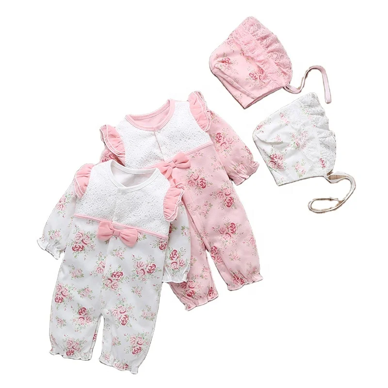 

2021 Autumn Infant Baby Girls Clothes Floral Print Rompers Long Sleeve Ruffles Lace Romper Jumpsuit Hat Outfits Newborn Clothing