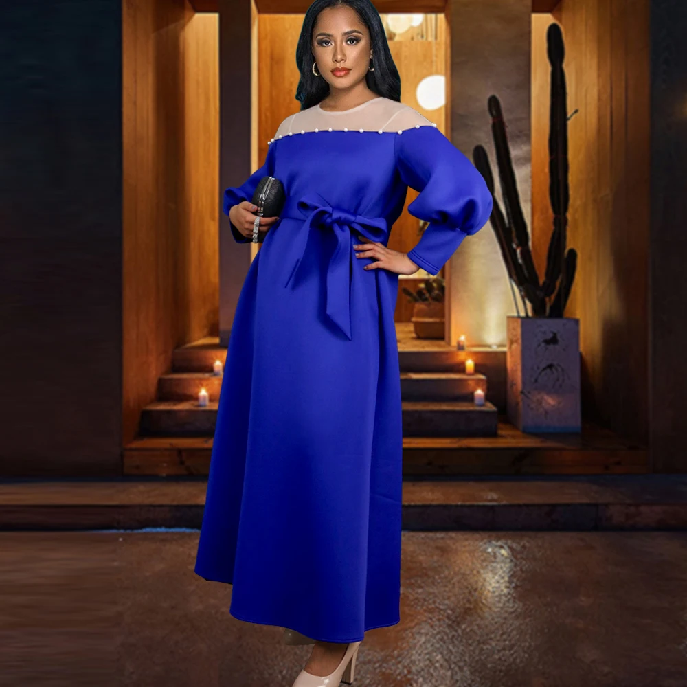 

Fall Maxi AOMEI New Christmas Patchwork Besding Sashes Women Prom Dress, Blue