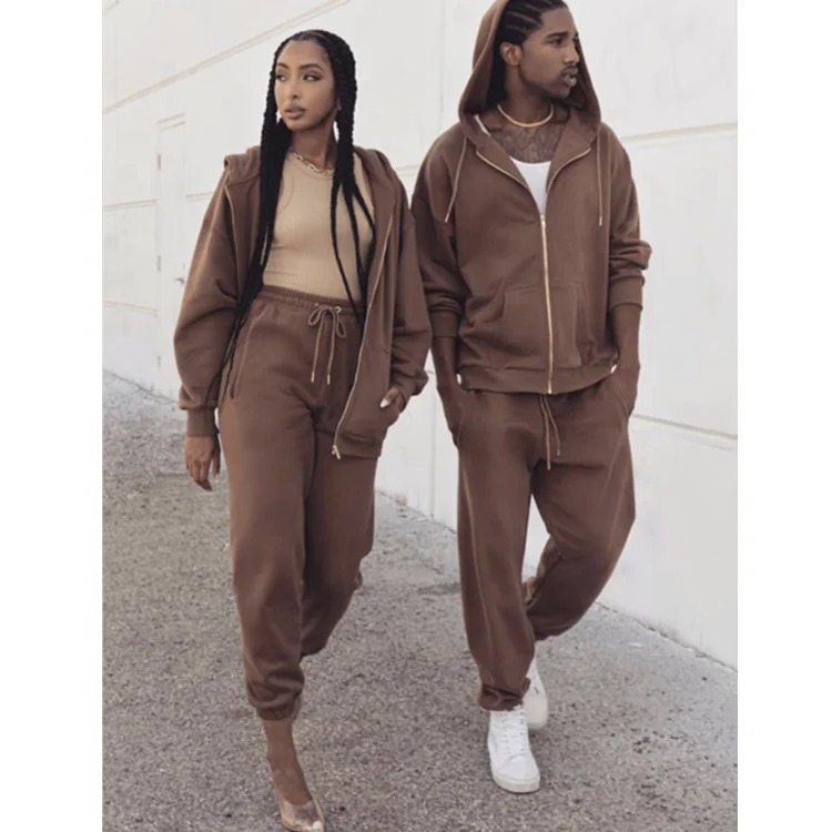 

Women Men Unisex Long Sleeve Hooded Zipper Coat and Casual Jogger Trousers Two Piece Pants Set, In available