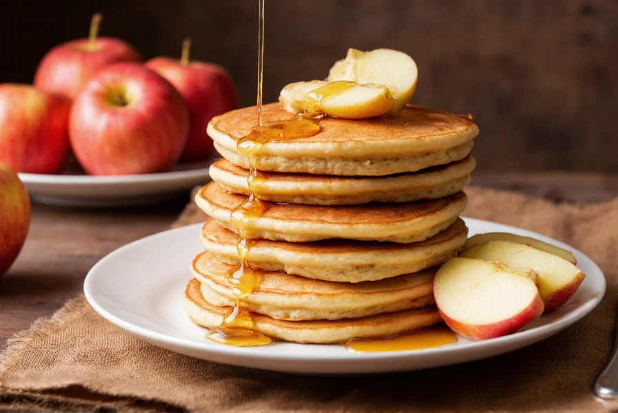 Stack of golden apple cinnamon pancakes with maple syrup drizzle and fresh apple slices on a wooden table