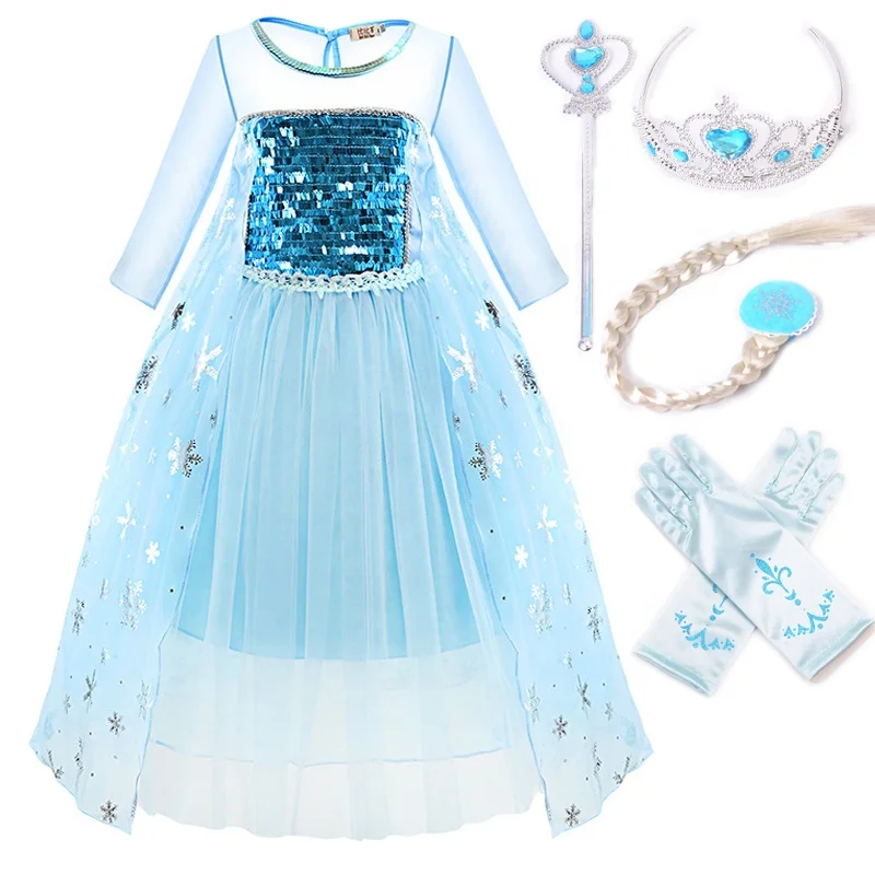 

Cosplay Costume For Little Girls Frozen 2 Elsa Queen Princess Sequin Mesh Dress Up With Princess Accessories, Blue