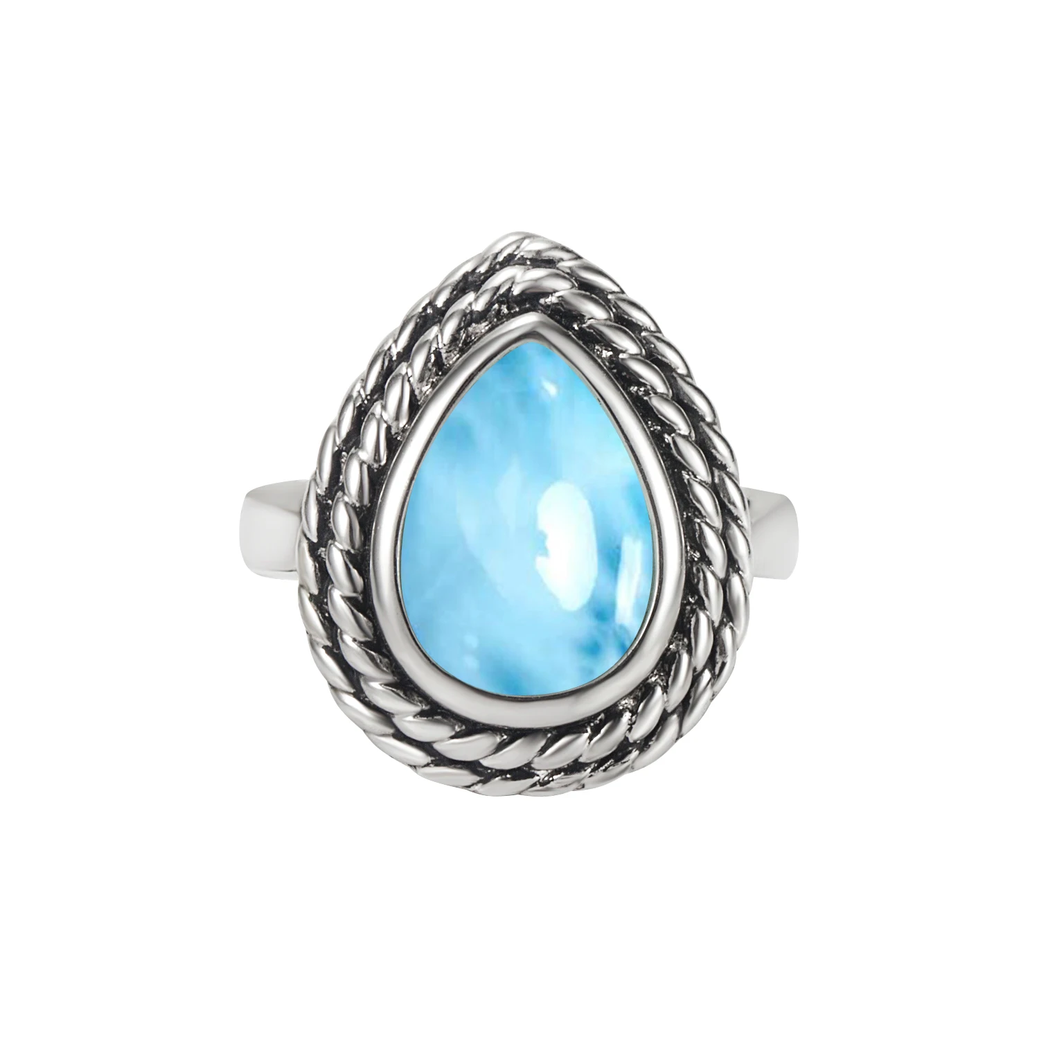 

Hot Sales S925 Sterling Silver Jewelry Natural Blue Rings Pear Cut Genuine Larimar Double Screw Thread Bezel Ring For Women