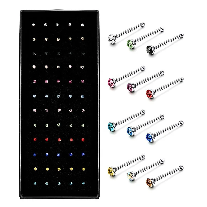 

Low Price 40/60Pcs Stainless Steel Pack Indian Lot Set Crystal Nariz Ring Bulk Nose Piercing Stud Jew