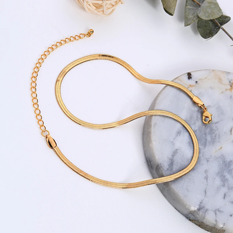 

18K Plated Flat Snake Mens Herringbone NecklaceGold Link Gold Chains Necklace