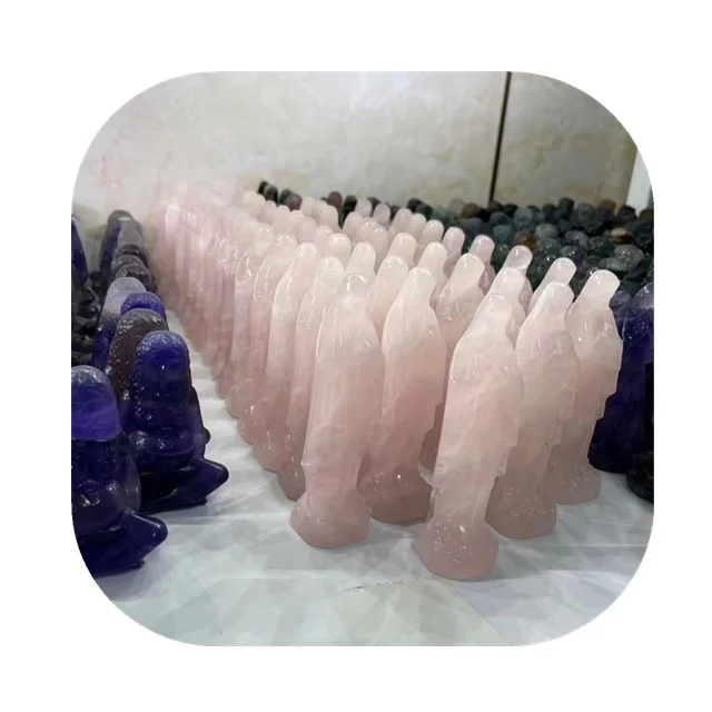 

New arrivals carving 10cm semi-precious stone crafts natur pink rose quartz crystal Holy Virgin stautes for Decor