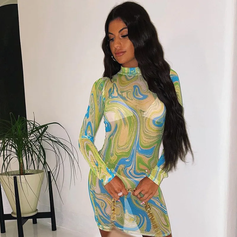 

New style women clothing round neck long sleeve mesh see through print mini dresses