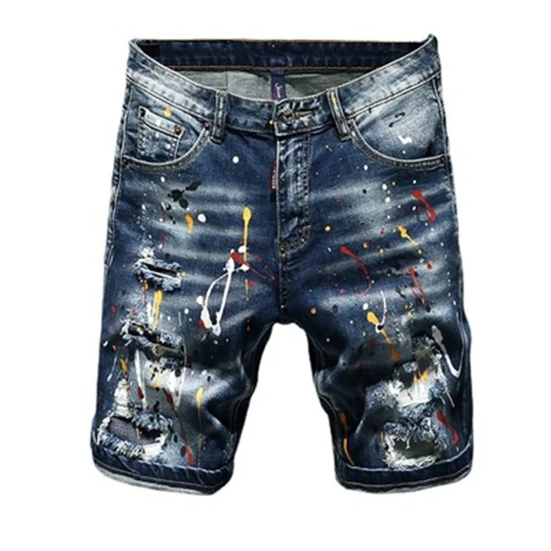 

Denim Hand-painted Printed Men's Shorts Jeans, Blue