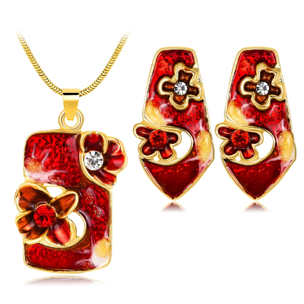 

New Drop Oil Enamel Jewelry Set Fashion Personality Color Flower Necklace Earrings Jewelry Set BHS028, As the pictures
