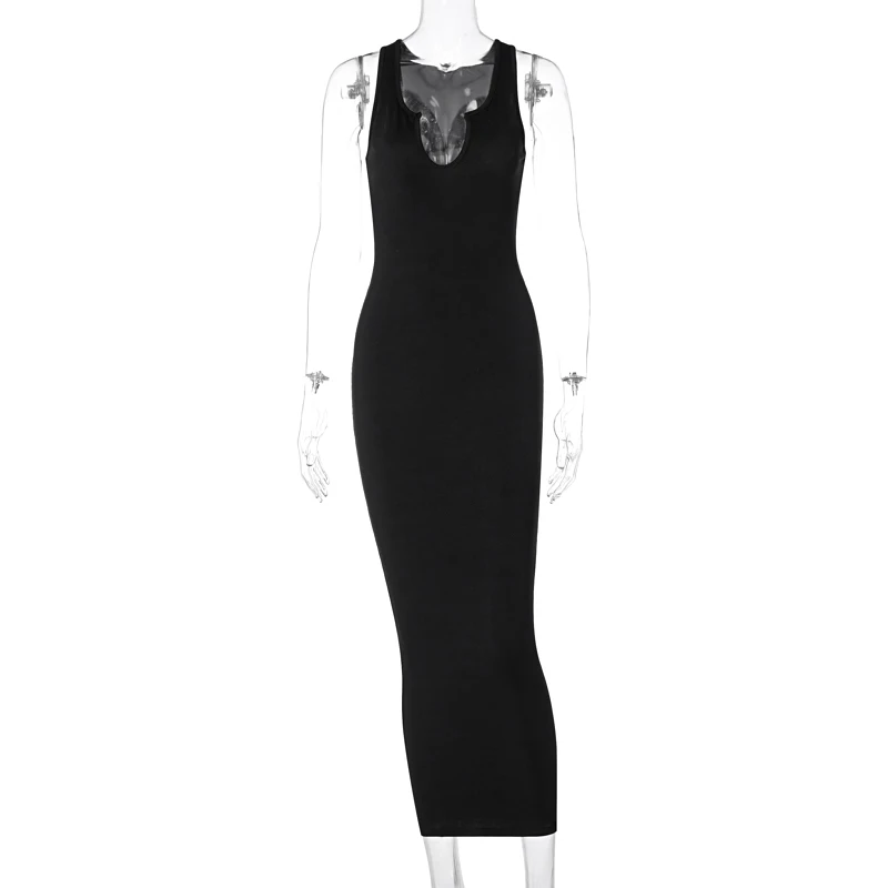 

2021 spring and summer elegant solid color round neck sleeveless rib knit casual party long dress, Customized color