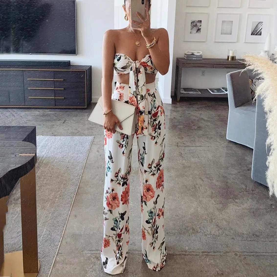 

sexy two piece set women clothing outfits flower printing women two pieces set tube top+pants, Orange,red
