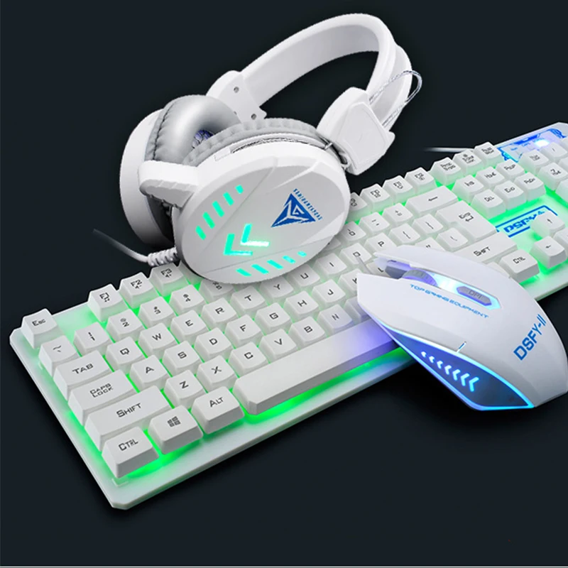 

2021 Best Colorful LED Lighting Backlit Wired Gamer Gaming Keyboard Mouse Headphone Set 3 In 1 Combo Laptop Computer, Black white