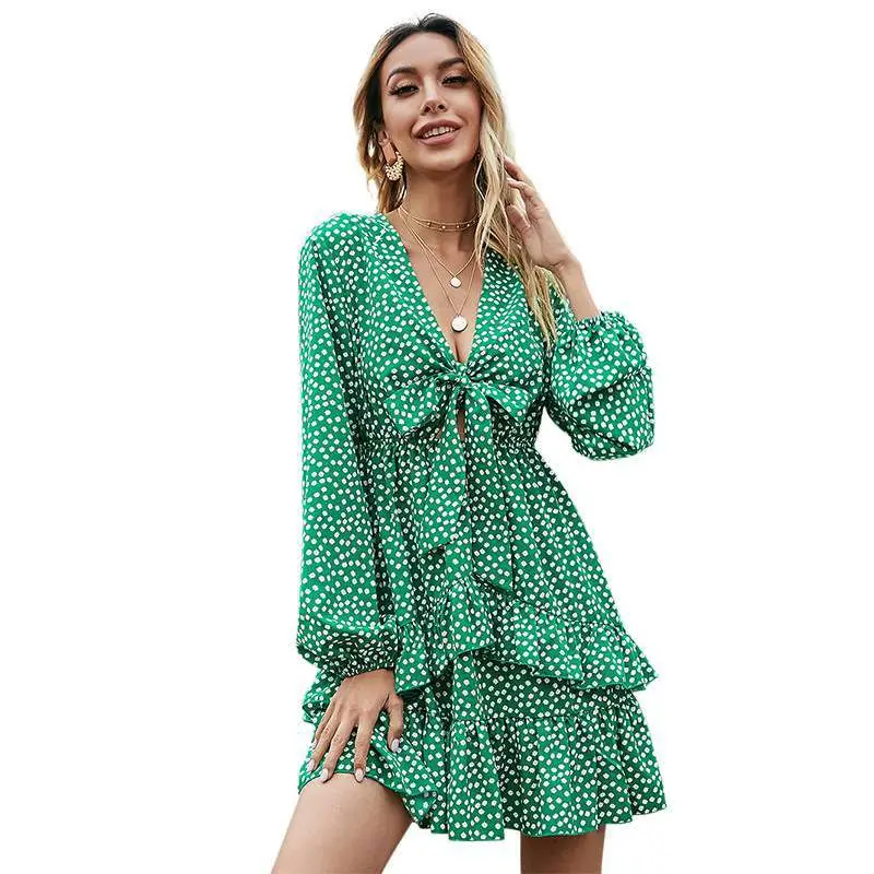 

2021 New Arrival summer Women Polka dots v-neck casual long sleeve dresses women ladies dresses