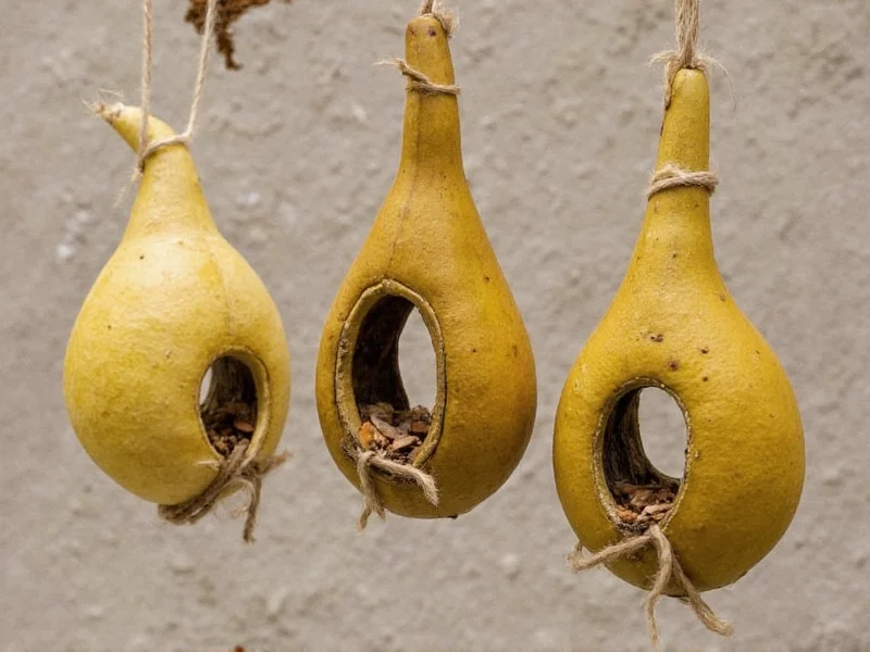 Dried gourds transformed into bird feeders with natural twine