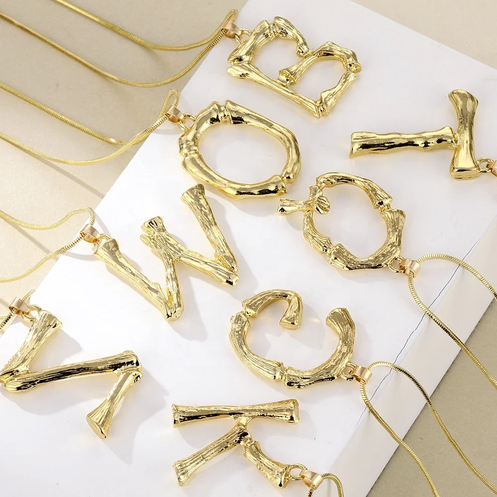 

Big Gold Metal Bamboo 26 Letter Necklaces for Women Initial Alphabet Pendant Necklace Fashion Link Chain Jewelry Gifts