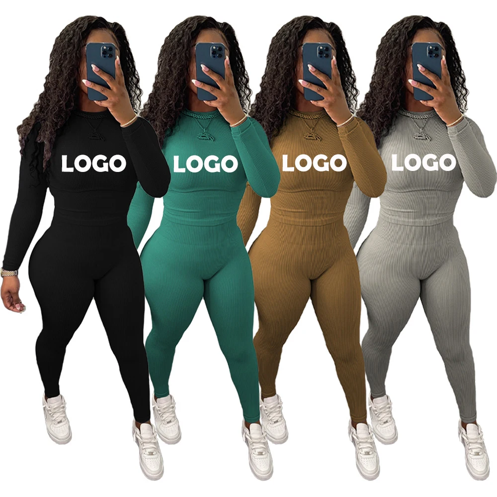 

2021 New Autumn Solid Color Knitted Long Sleeve Loungewear Sportswear Sweatsuit Custom Logo Two Piece Pants Set